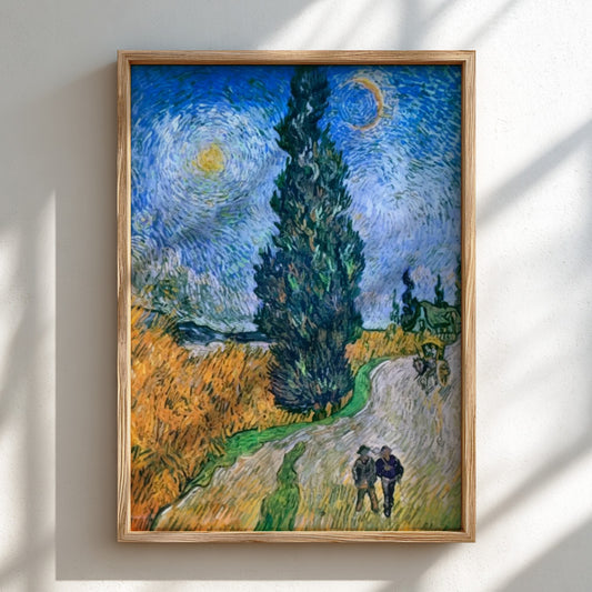Famous art poster of Van Gogh's Road with Cypress and Star, featuring a tall cypress tree, a winding road,