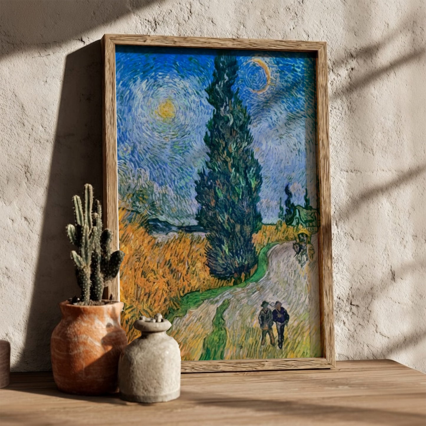 Famous art poster of Van Gogh's Road with Cypress and Star, featuring a tall cypress tree, a winding road,