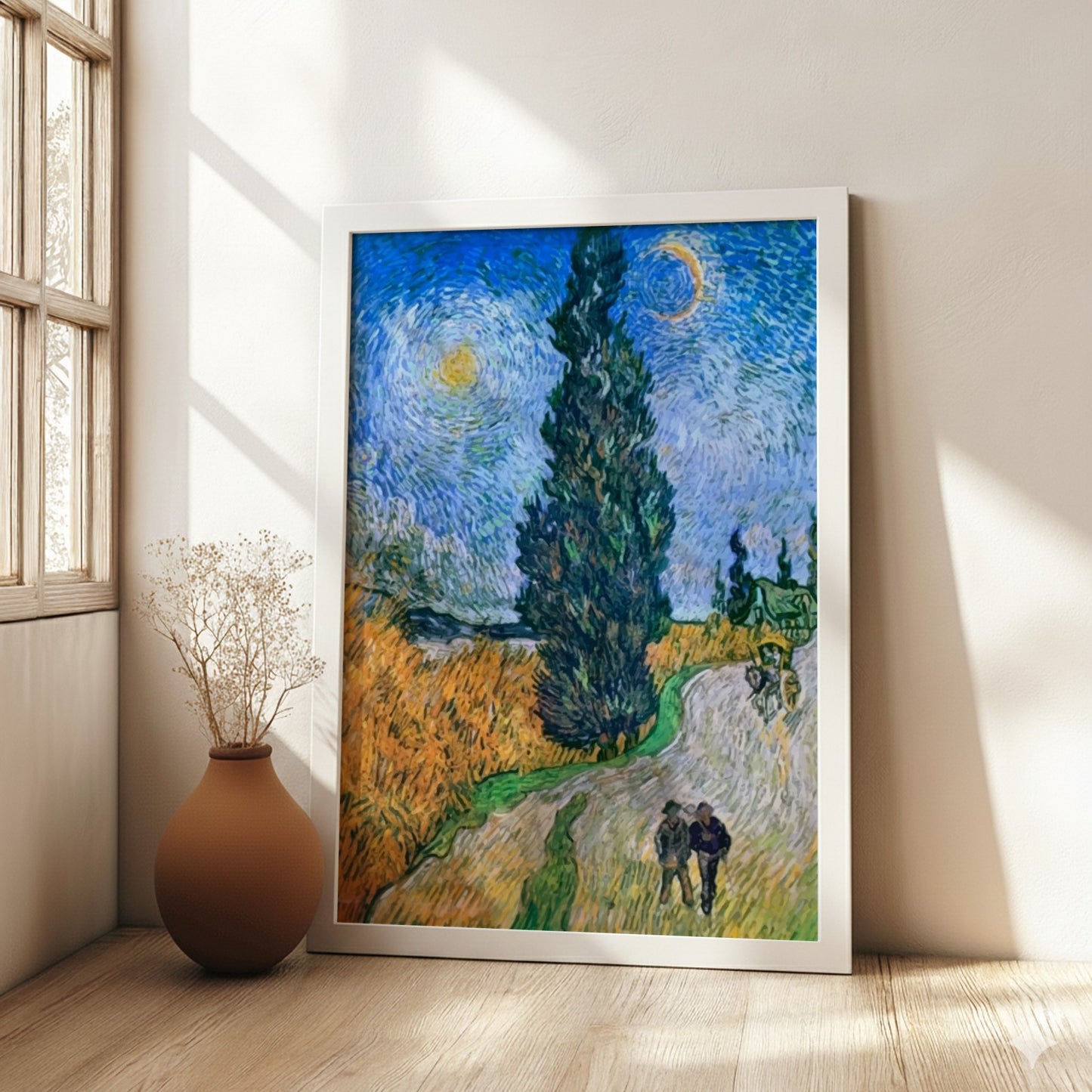Famous art poster of Van Gogh's Road with Cypress and Star, featuring a tall cypress tree, a winding road,