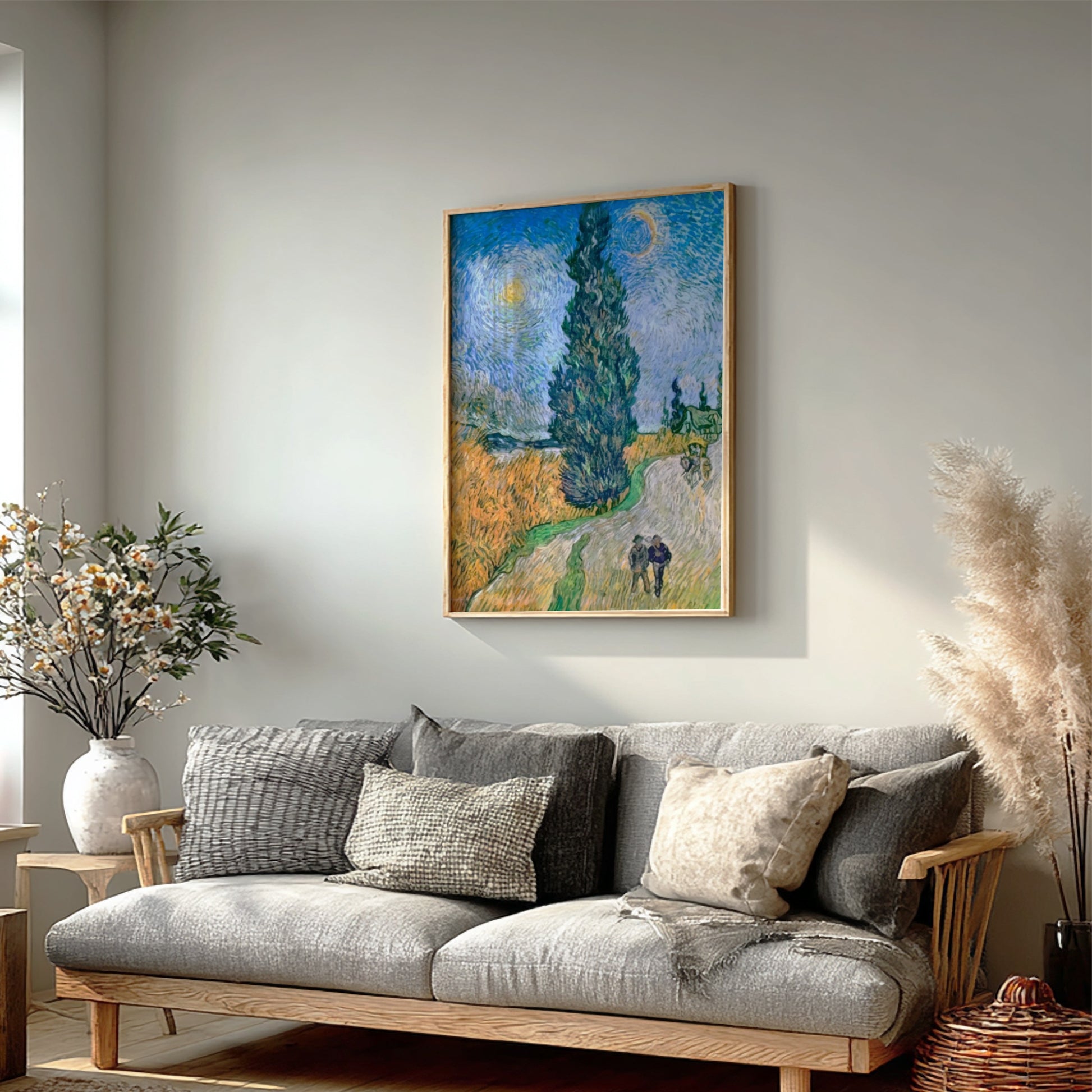 Famous art poster of Van Gogh's Road with Cypress and Star, featuring a tall cypress tree, a winding road,