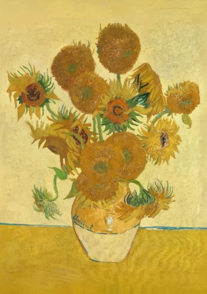 Van Gogh Sunflowers art poster featuring a bouquet of yellow sunflowers in a vase against a yellow background.
