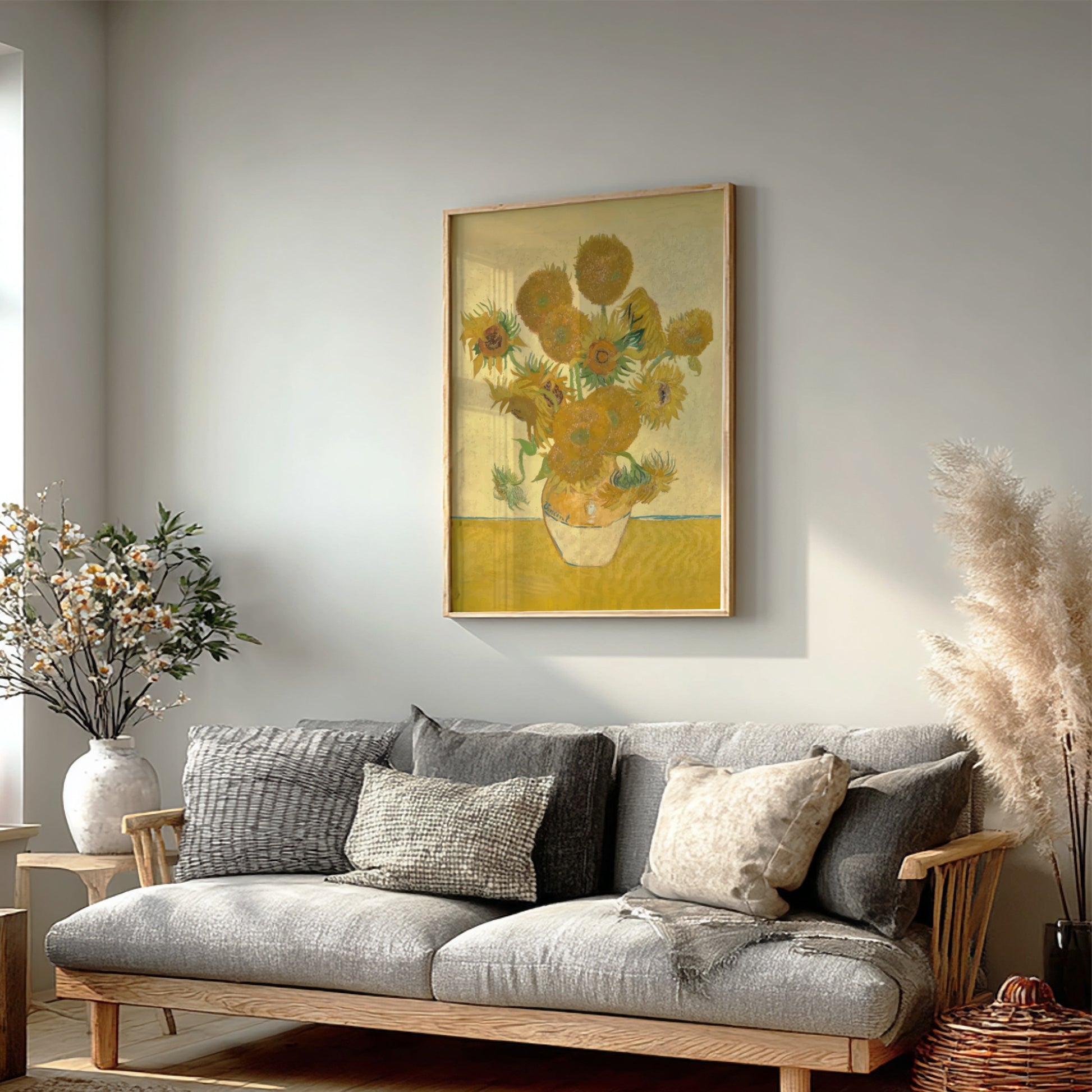 Van Gogh Sunflowers art poster featuring a bouquet of yellow sunflowers in a vase against a yellow background.