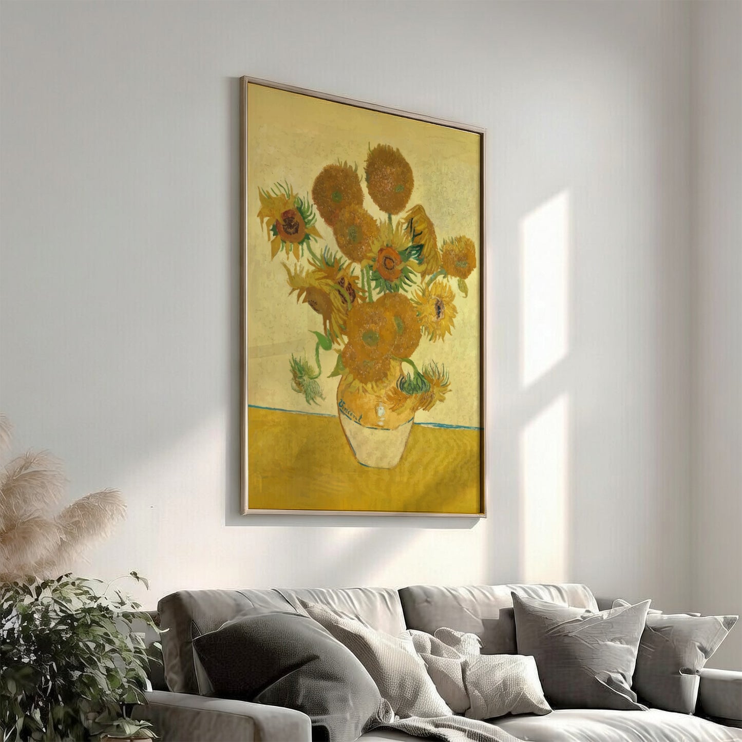 Van Gogh Sunflowers art poster featuring a bouquet of yellow sunflowers in a vase against a yellow background.