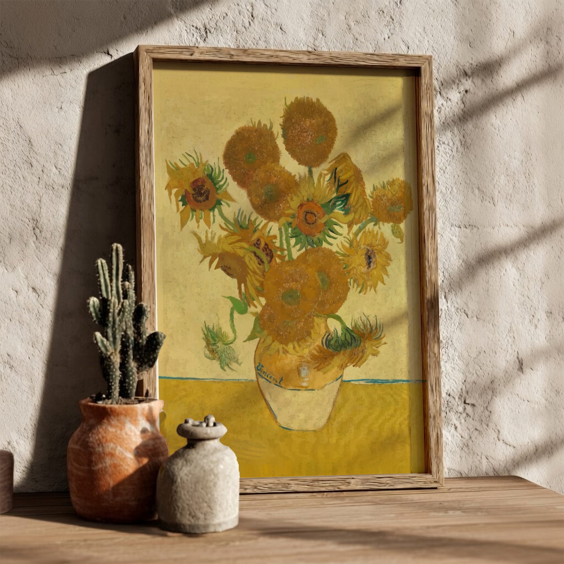 Van Gogh Sunflowers art poster featuring a bouquet of yellow sunflowers in a vase against a yellow background.
