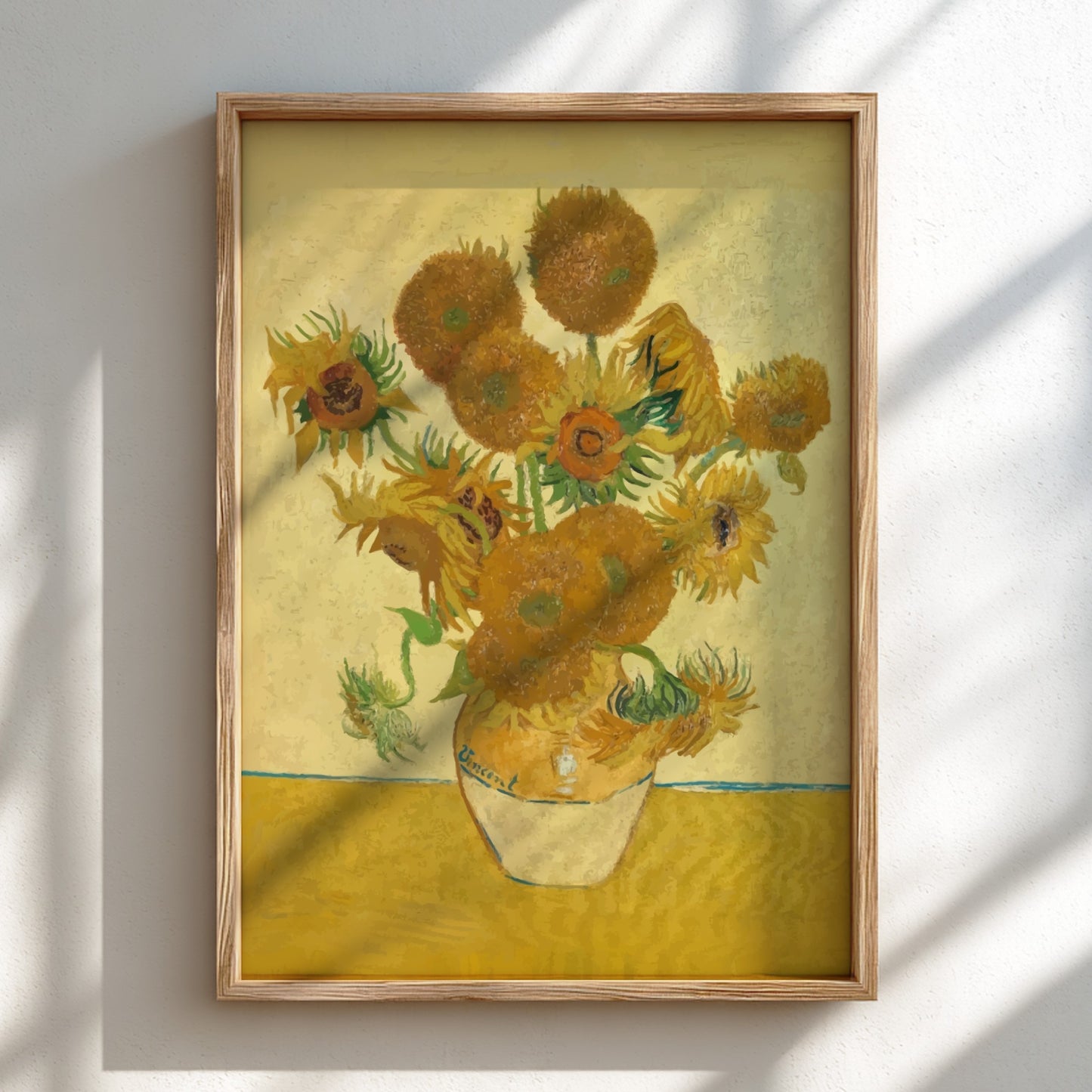Van Gogh Sunflowers art poster featuring a bouquet of yellow sunflowers in a vase against a yellow background.