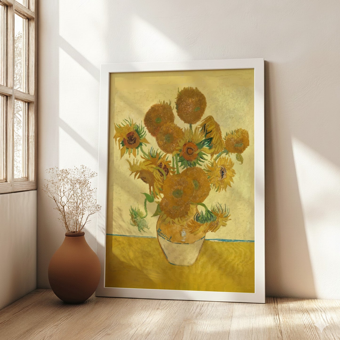 Van Gogh Sunflowers art poster featuring a bouquet of yellow sunflowers in a vase against a yellow background.