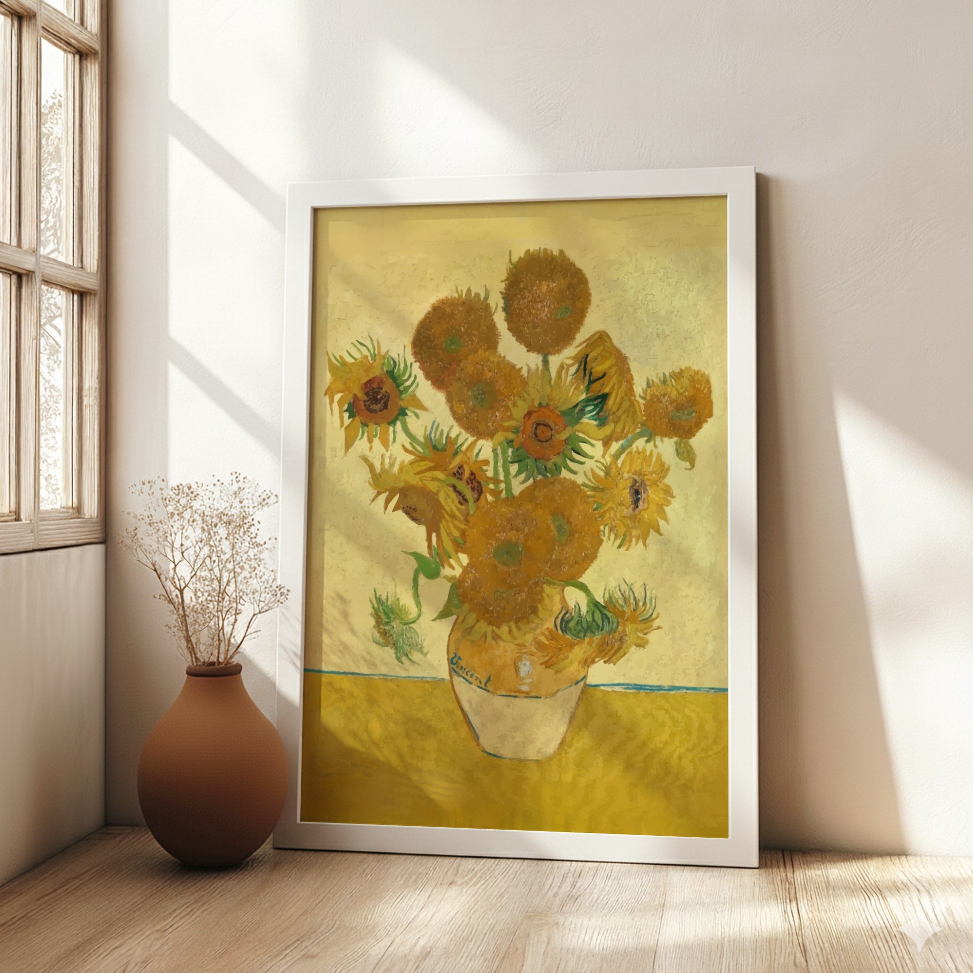 Van Gogh Sunflowers art poster featuring a bouquet of yellow sunflowers in a vase against a yellow background.