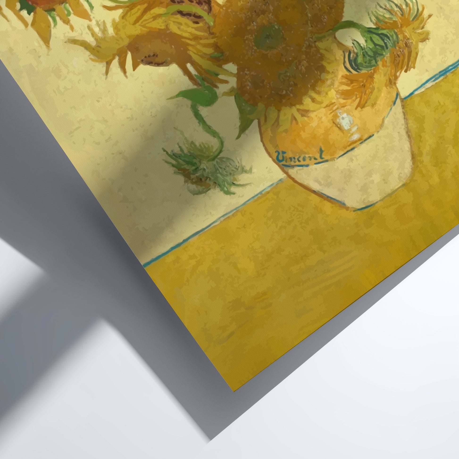 Van Gogh Sunflowers art poster featuring a bouquet of yellow sunflowers in a vase against a yellow background.