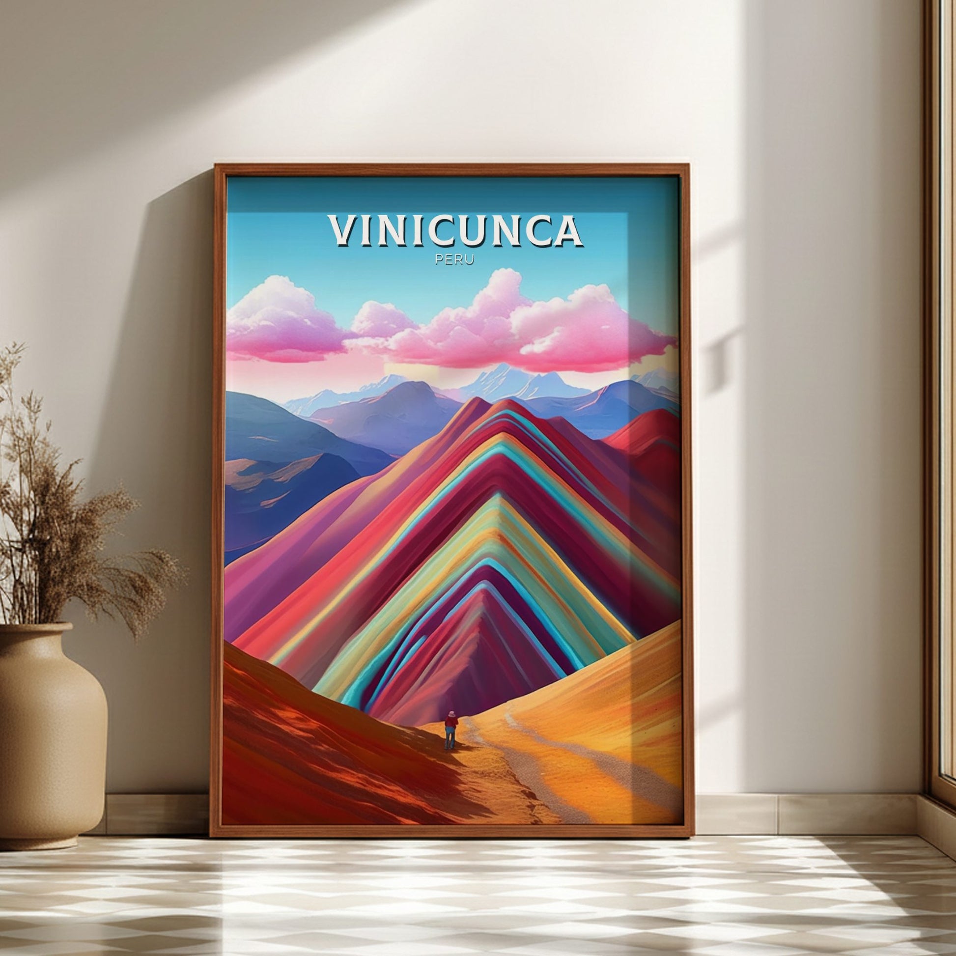 Vinicunca Travel Poster - Dark Wooden Frame