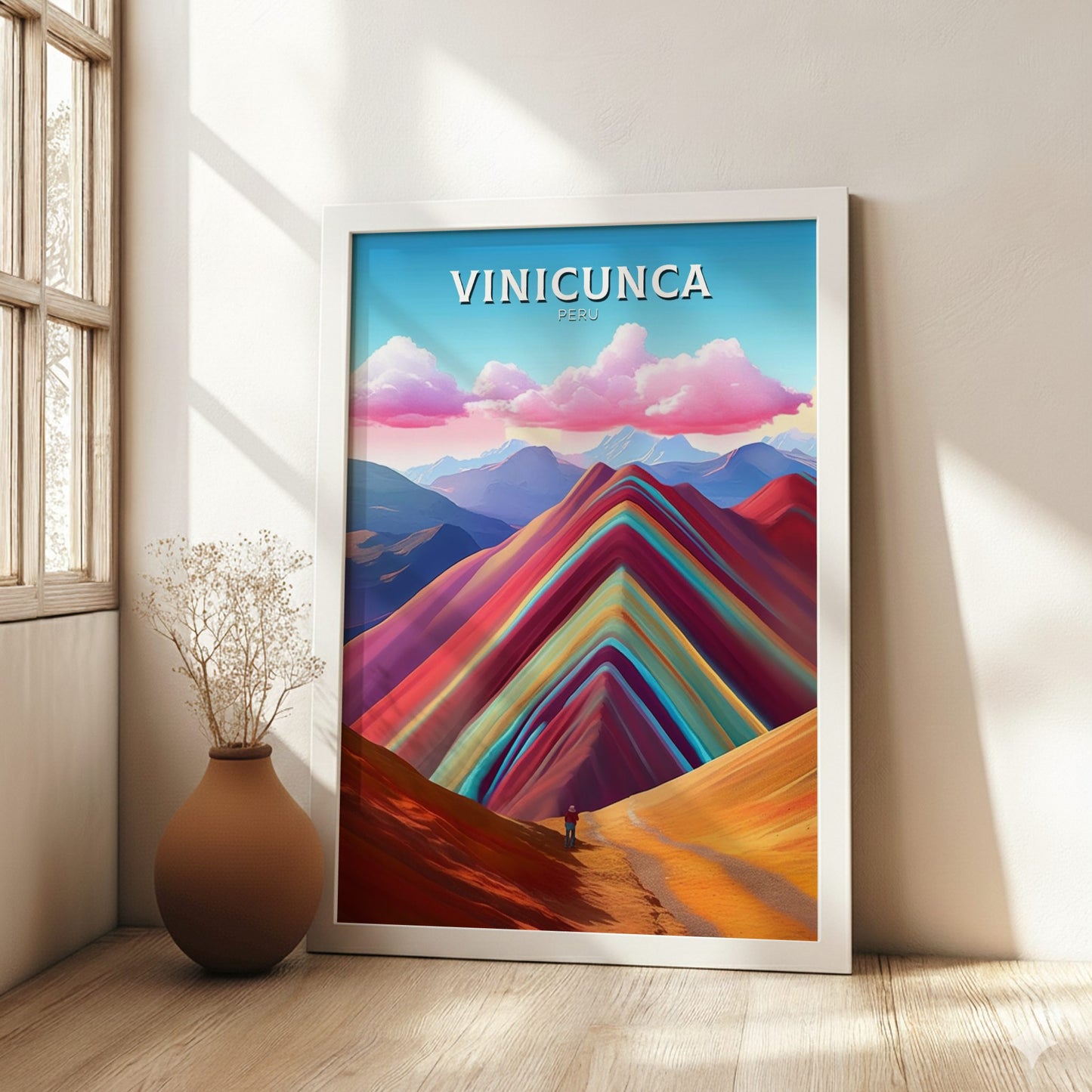 Vinicunca Travel Poster - White Wooden Frame