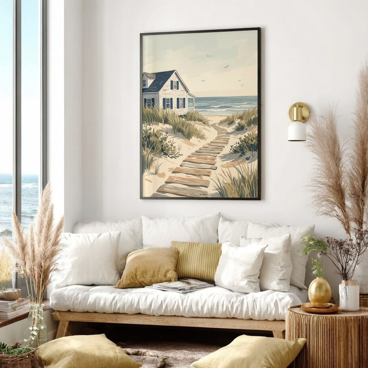 Wall art featuring a white beach house with a wooden pathway through sand dunes
