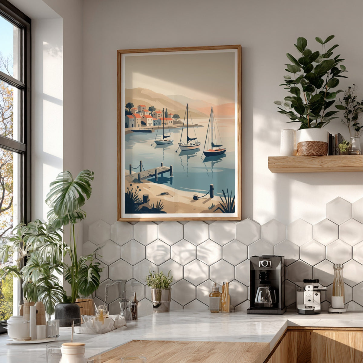 Mediterranean coastal village with sailboats in a harbor, rendered in a soft vintage style.