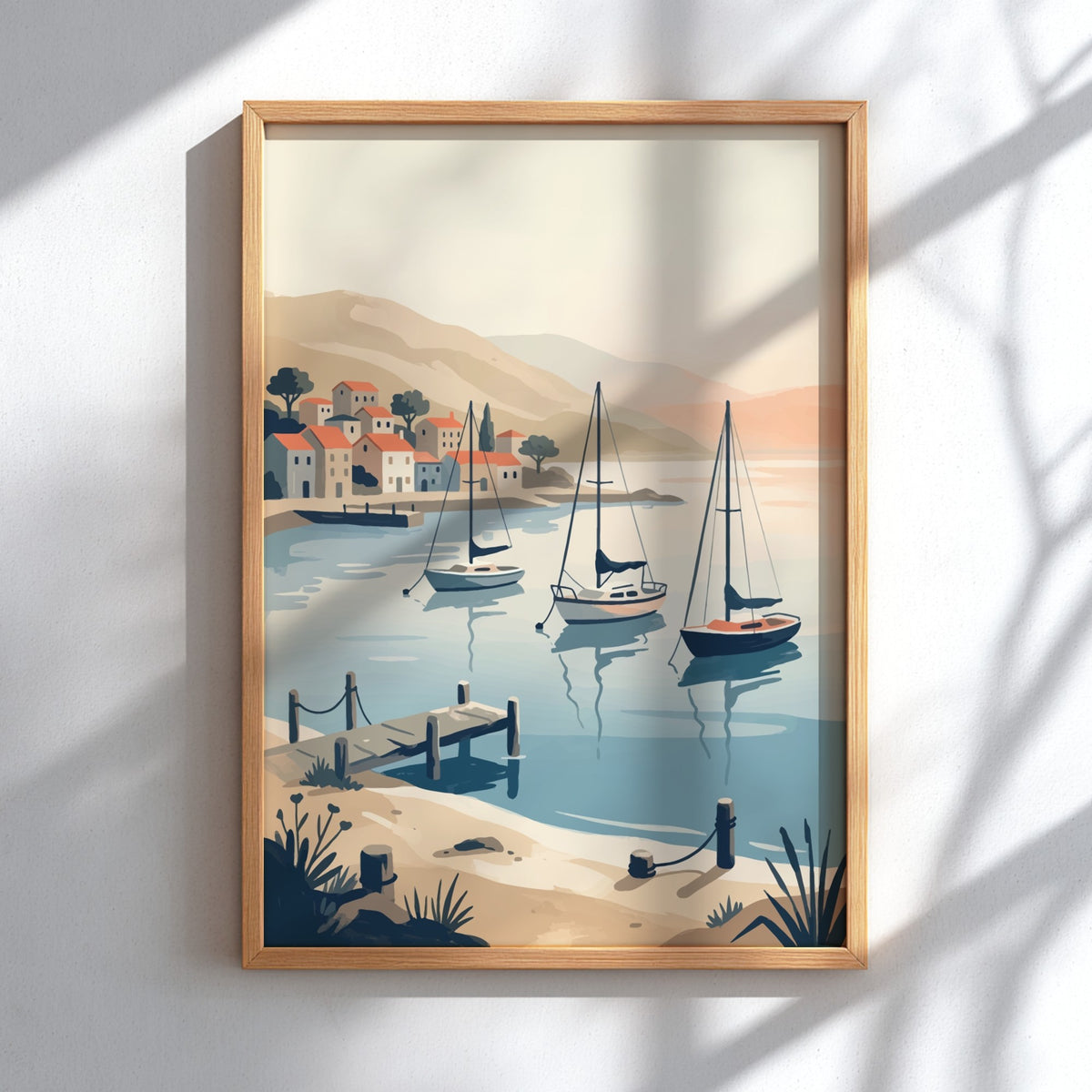 Mediterranean coastal village with sailboats in a harbor, rendered in a soft vintage style.
