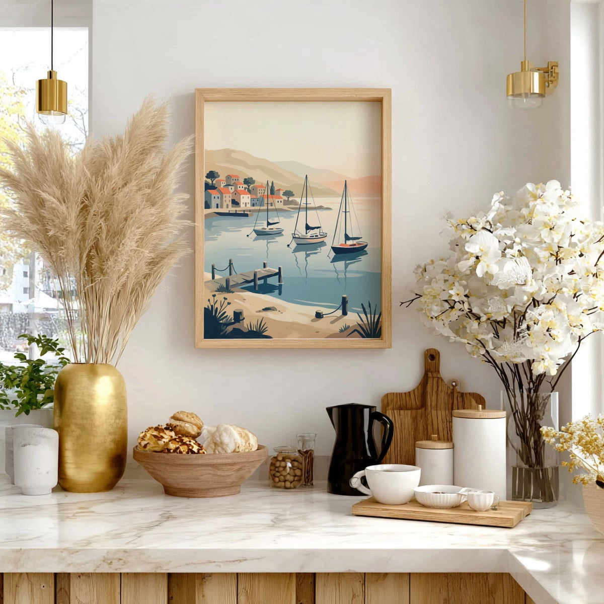 Mediterranean coastal village with sailboats in a harbor, rendered in a soft vintage style.