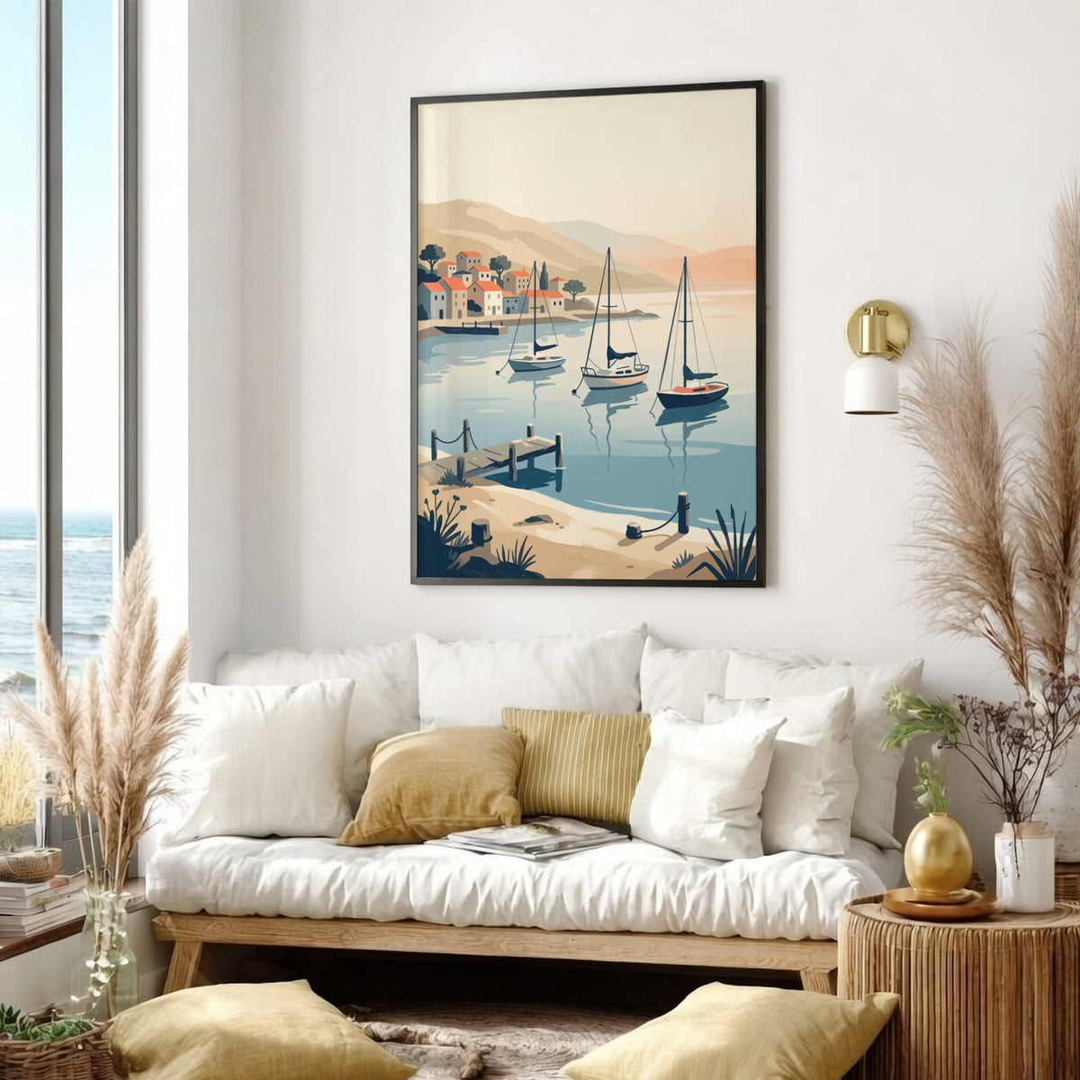 Mediterranean coastal village with sailboats in a harbor, rendered in a soft vintage style.