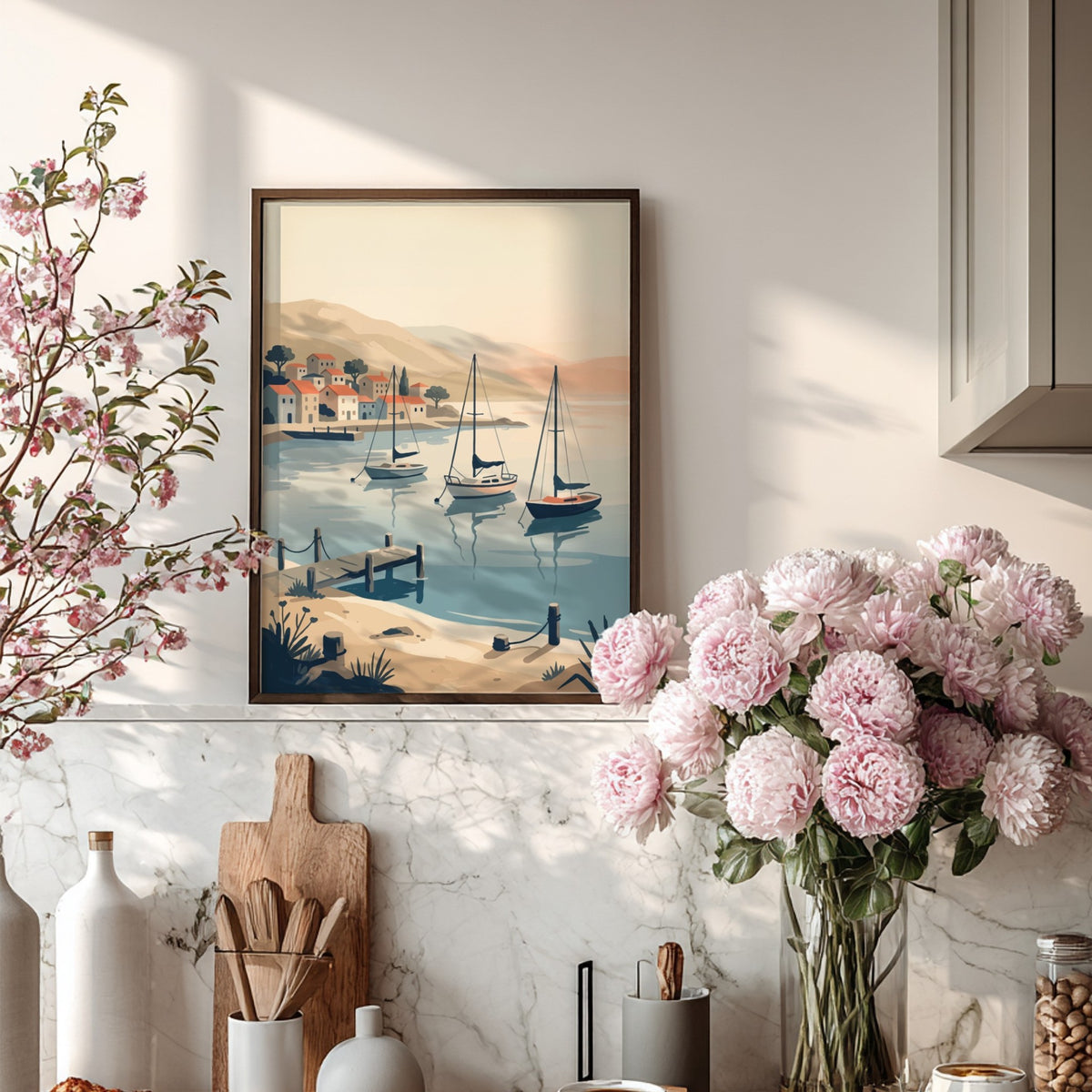 Mediterranean coastal village with sailboats in a harbor, rendered in a soft vintage style.