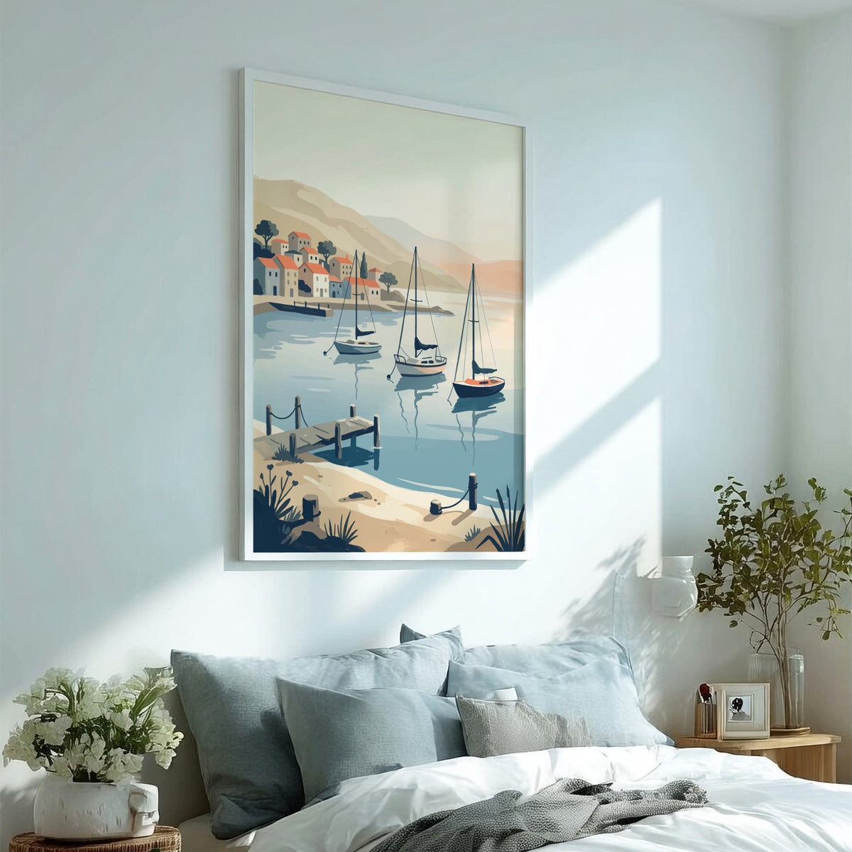 Mediterranean coastal village with sailboats in a harbor, rendered in a soft vintage style.