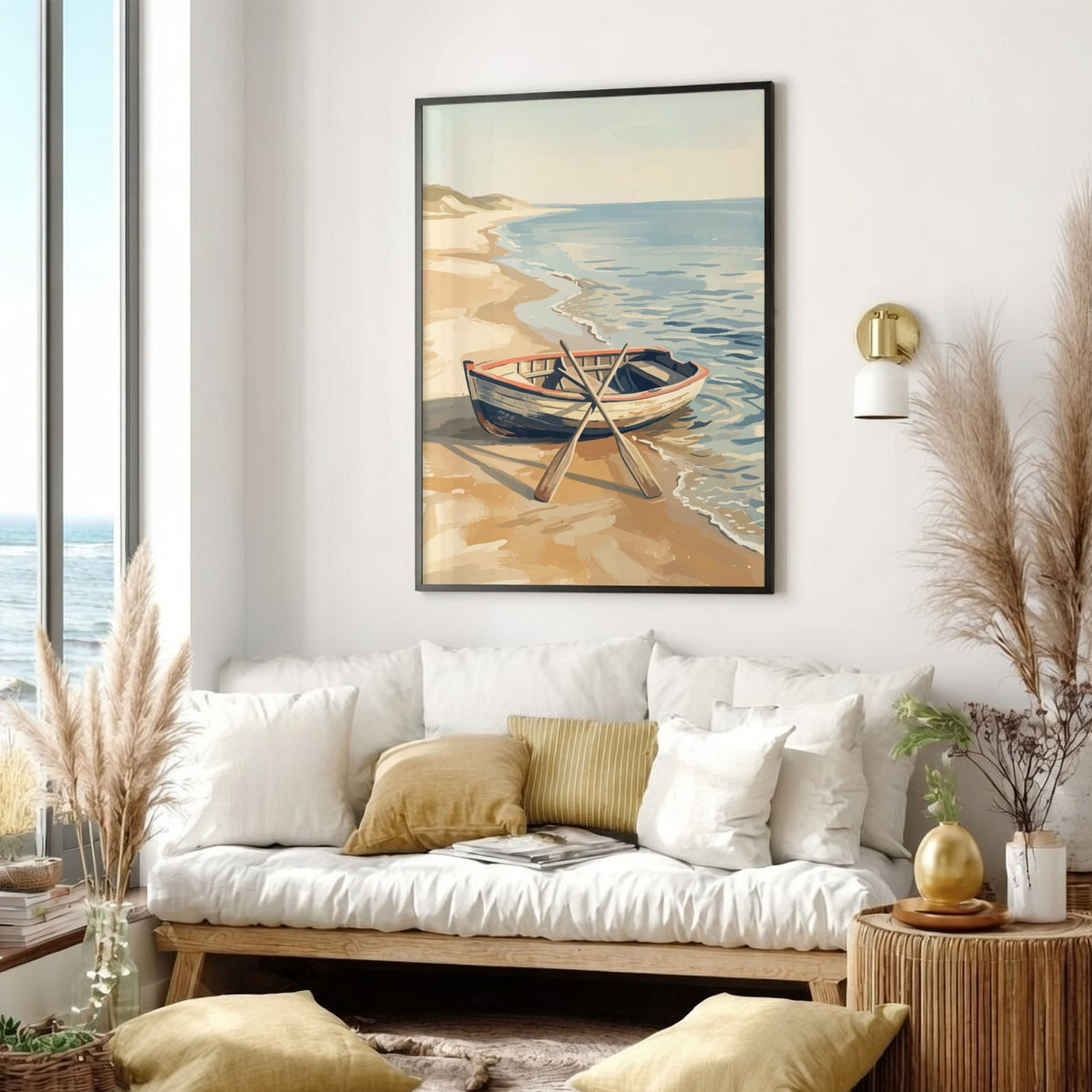 Rowboat on sandy beach with crossed wooden oars in a soft coastal art style.