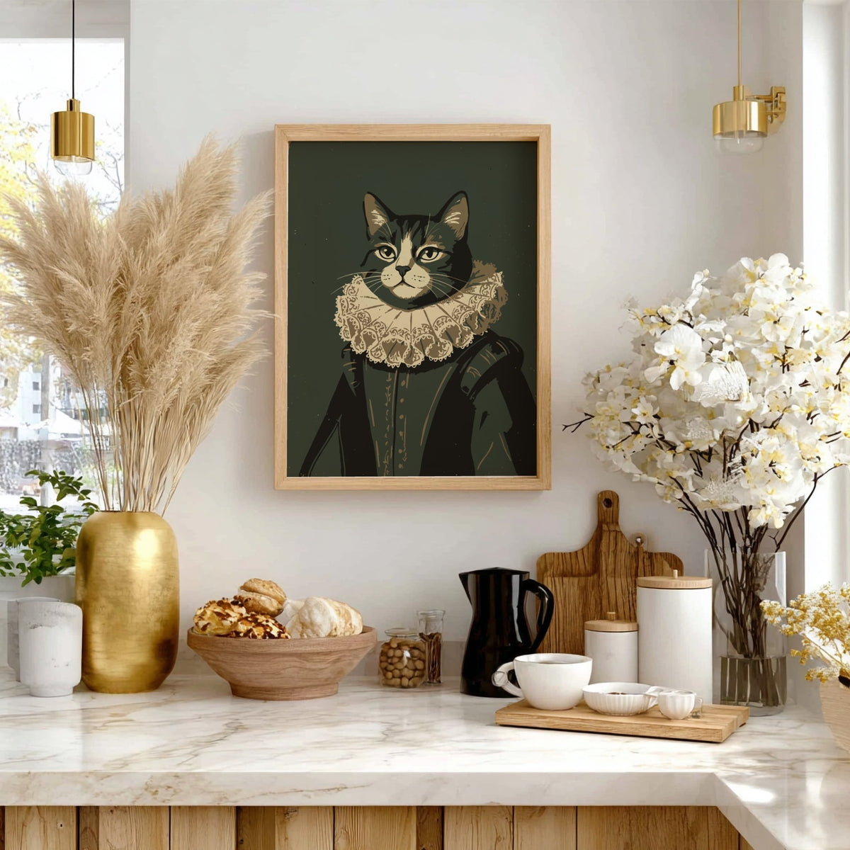 Poster featuring a regal cat dressed in a Renaissance doublet and white lace ruff
