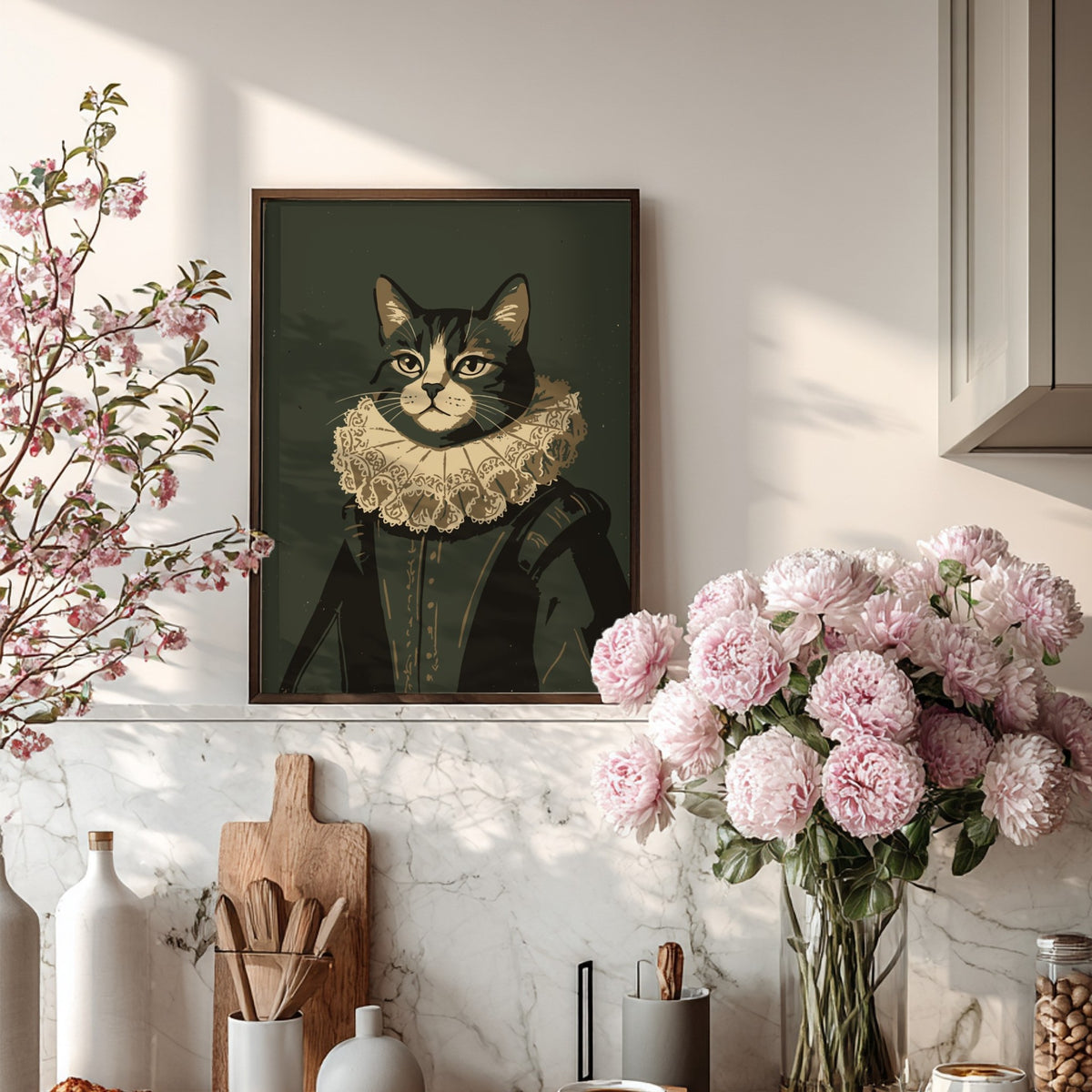 Poster featuring a regal cat dressed in a Renaissance doublet and white lace ruff
