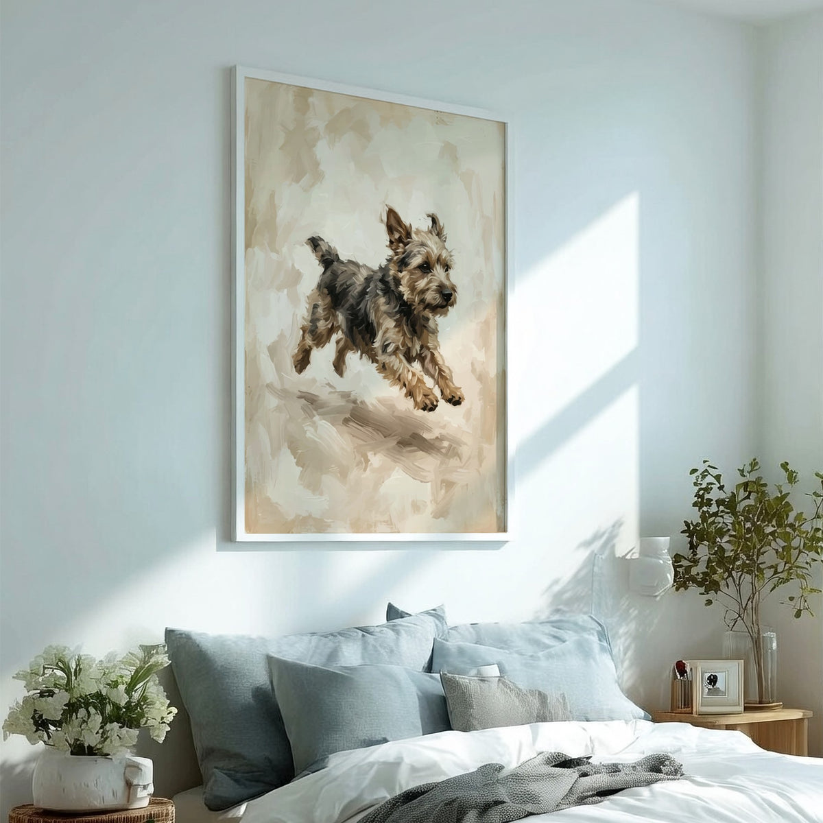 Poster of a lively terrier dog painted in a textured vintage oil style finish