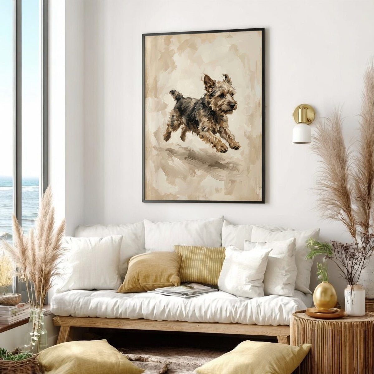 Poster of a lively terrier dog painted in a textured vintage oil style finish