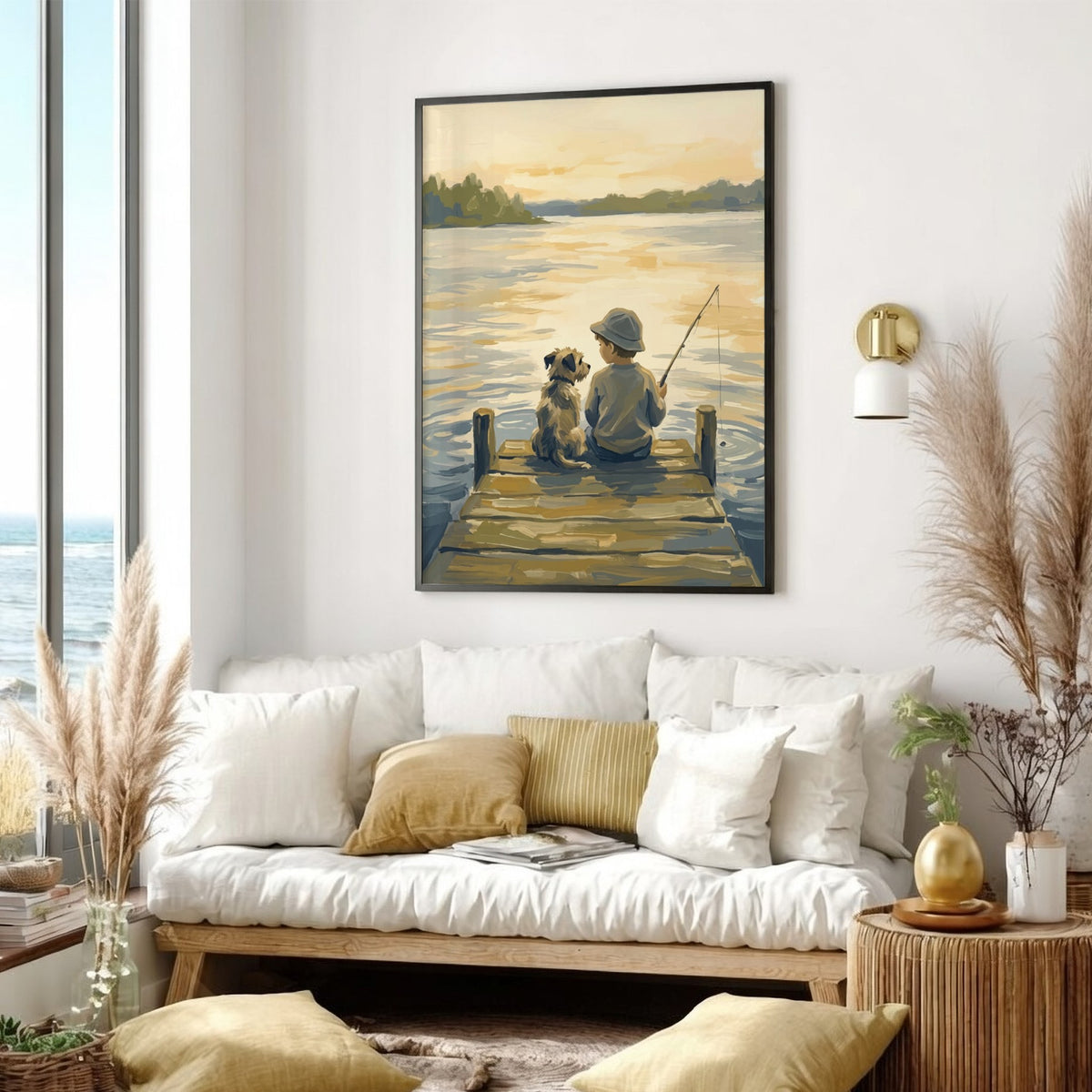 Poster of a young boy and his dog fishing from a wooden lake dock