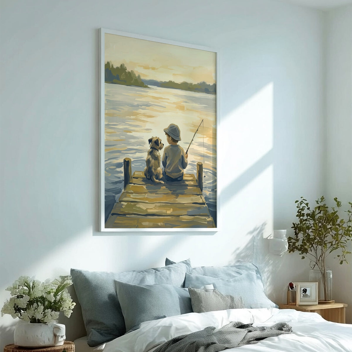Poster of a young boy and his dog fishing from a wooden lake dock