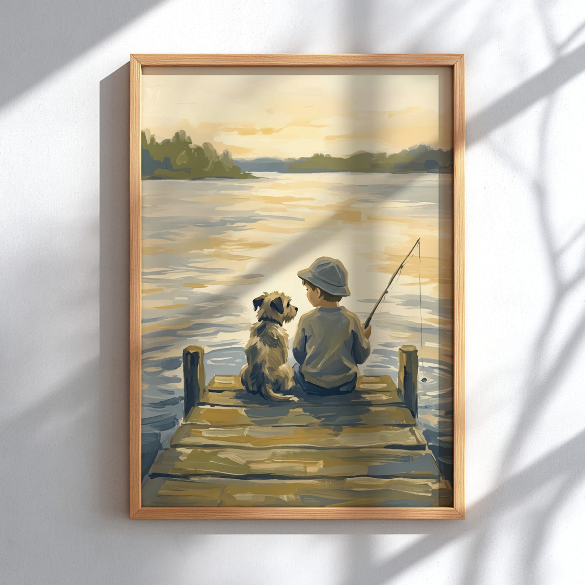 Poster of a young boy and his dog fishing from a wooden lake dock