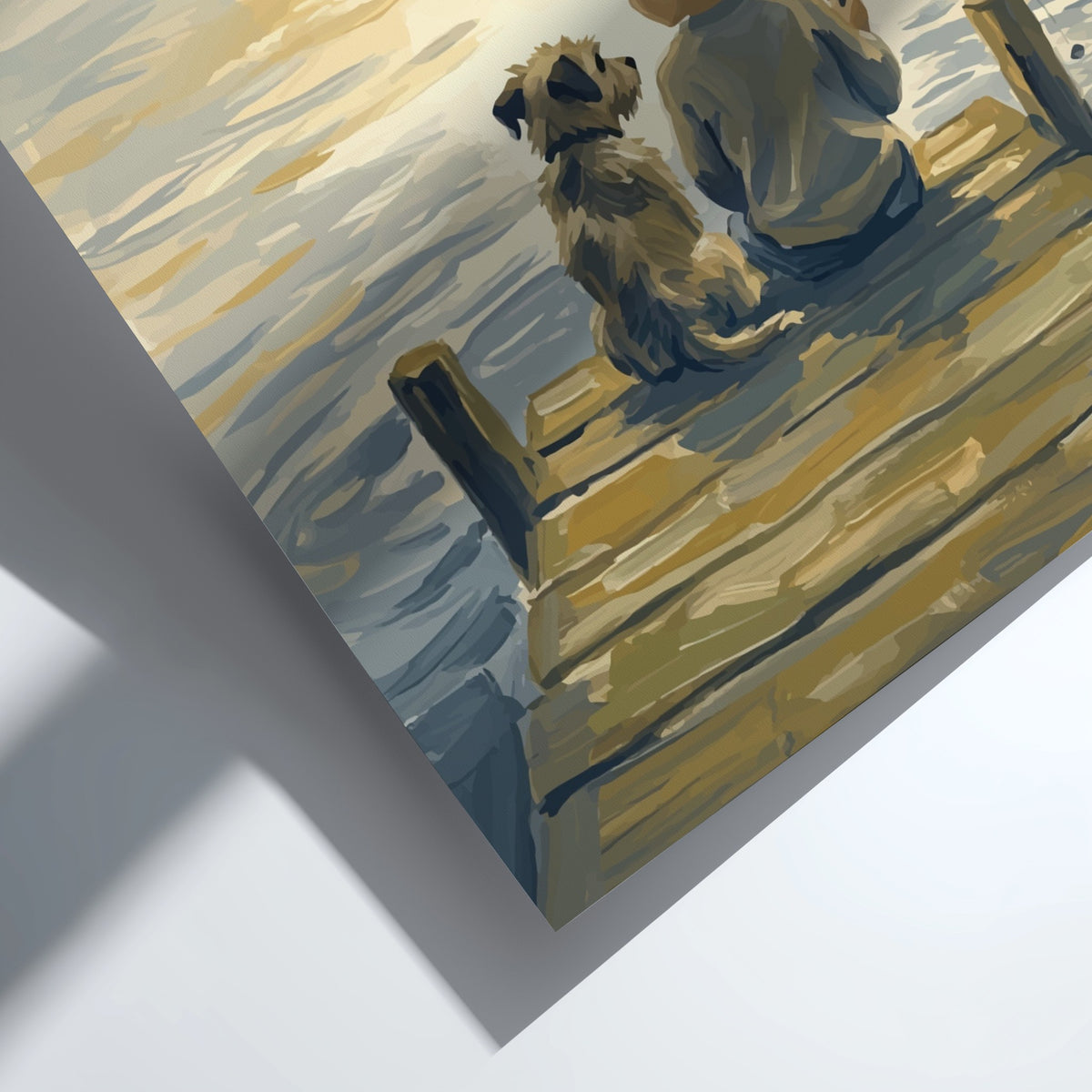 Poster of a young boy and his dog fishing from a wooden lake dock