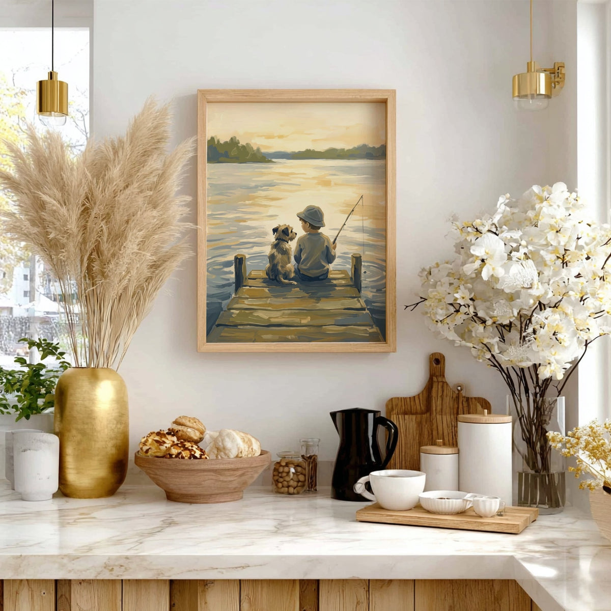 Poster of a young boy and his dog fishing from a wooden lake dock