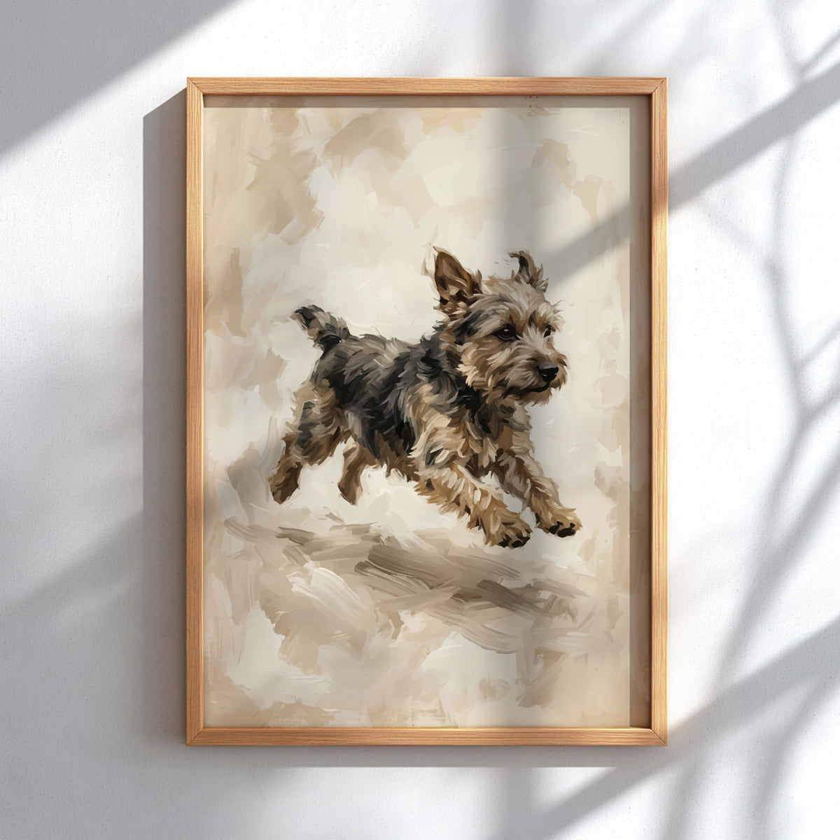 Poster of a lively terrier dog painted in a textured vintage oil style finish