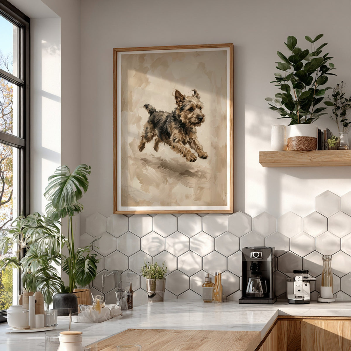 Poster of a lively terrier dog painted in a textured vintage oil style finish