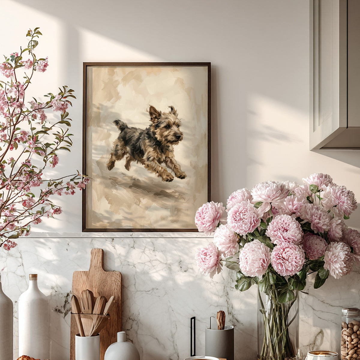 Poster of a lively terrier dog painted in a textured vintage oil style finish
