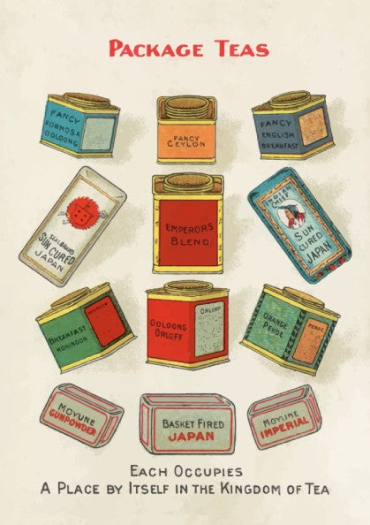 Vintage "Package Teas" poster showcasing a collection of antique tea tins in a chromolithograph style.
