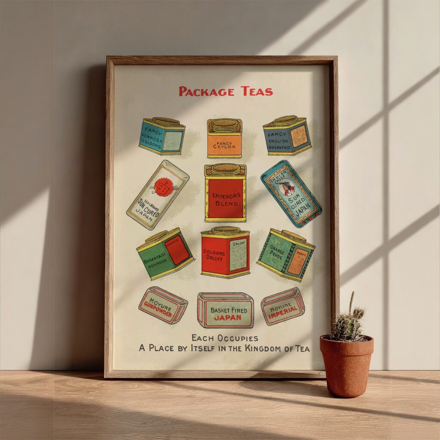 Vintage "Package Teas" poster showcasing a collection of antique tea tins in a chromolithograph style.