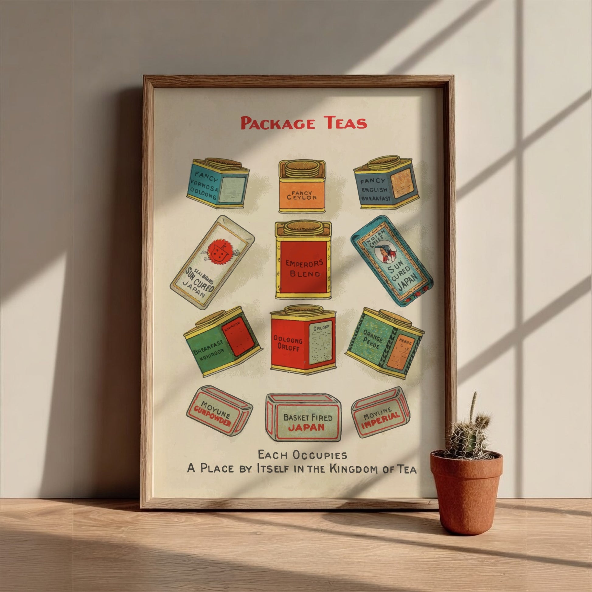 Vintage "Package Teas" poster showcasing a collection of antique tea tins in a chromolithograph style.