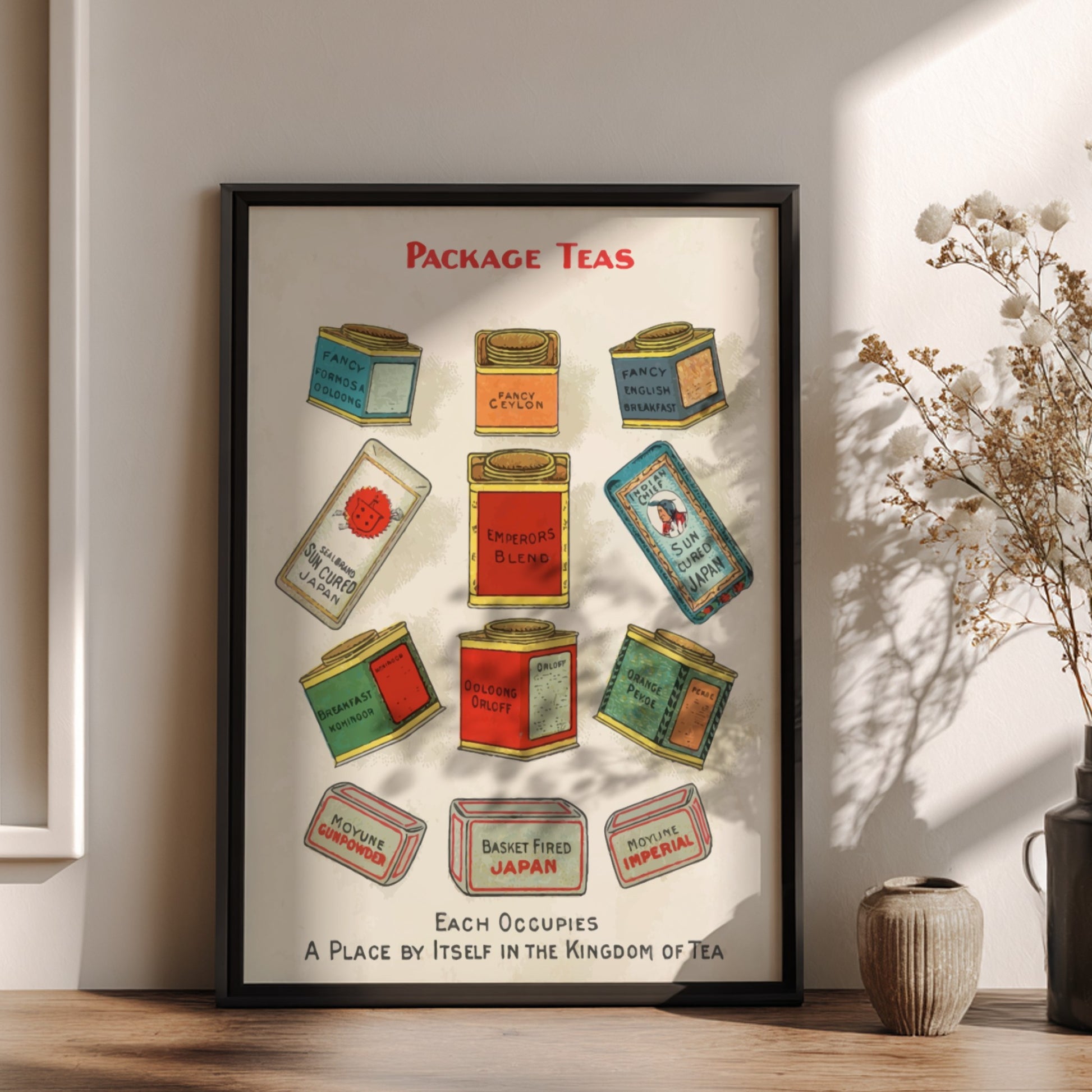 Vintage "Package Teas" poster showcasing a collection of antique tea tins in a chromolithograph style.
