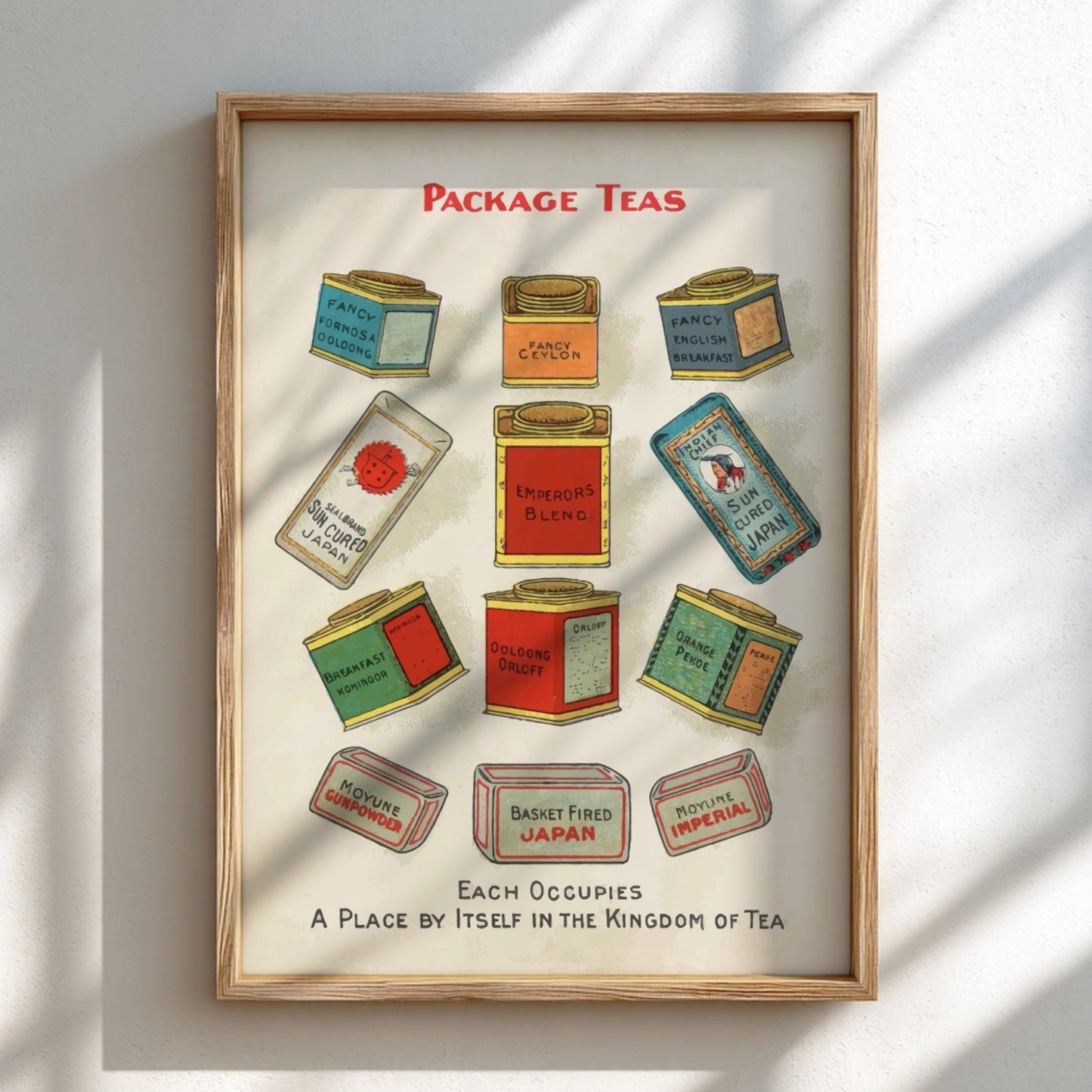 Vintage "Package Teas" poster showcasing a collection of antique tea tins in a chromolithograph style.