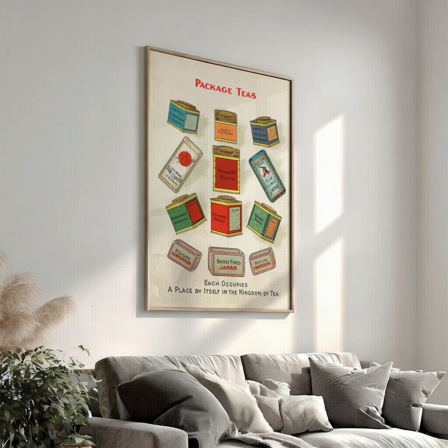 Vintage "Package Teas" poster showcasing a collection of antique tea tins in a chromolithograph style.