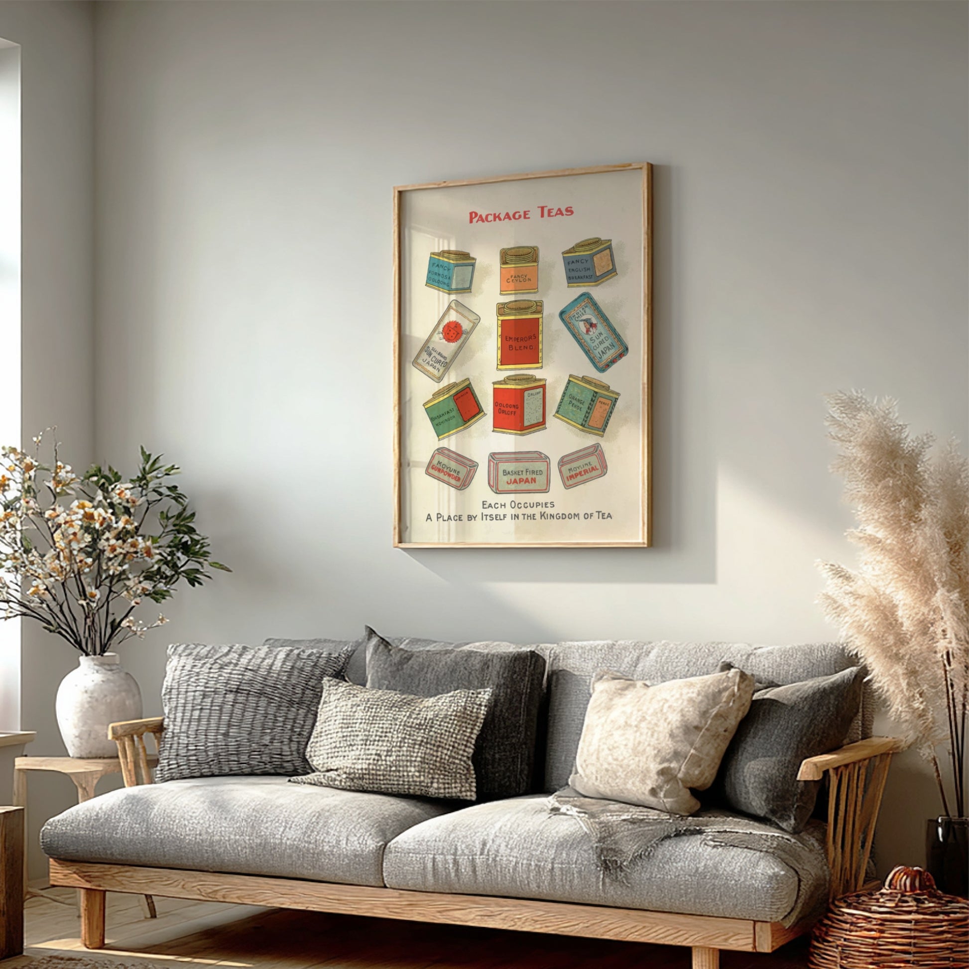 Vintage "Package Teas" poster showcasing a collection of antique tea tins in a chromolithograph style.