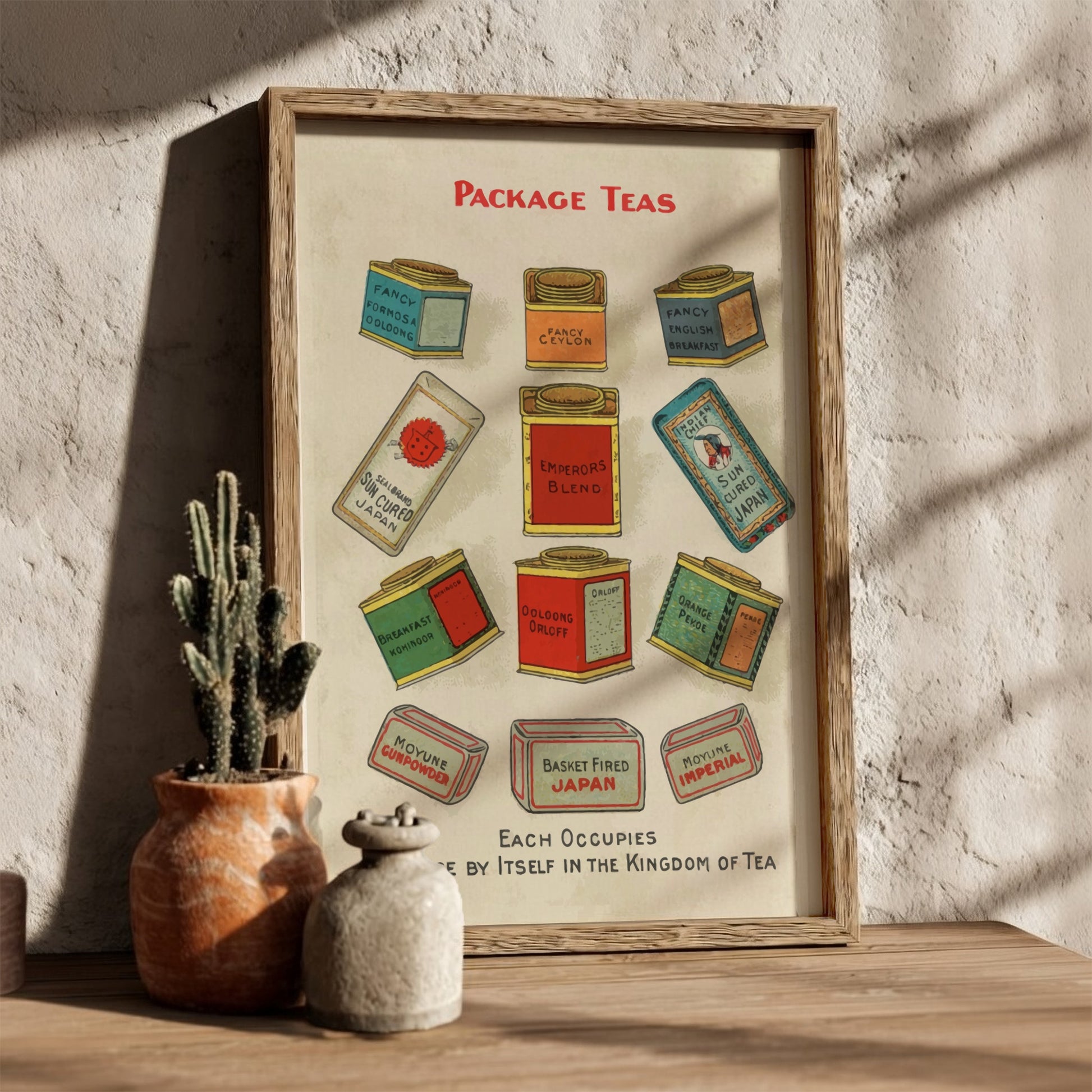 Vintage "Package Teas" poster showcasing a collection of antique tea tins in a chromolithograph style.
