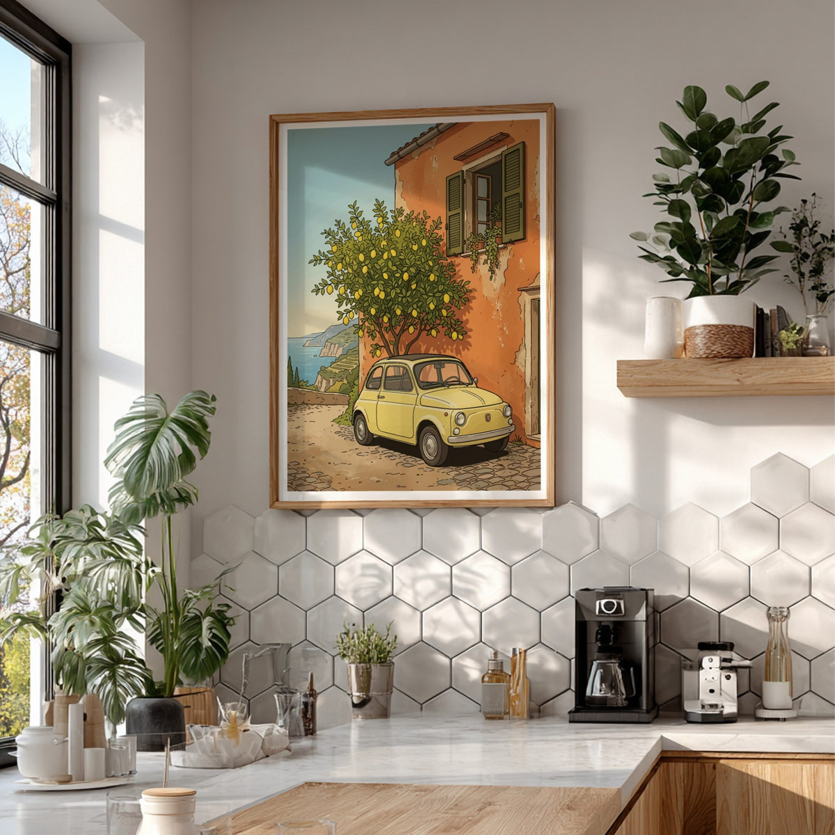 Poster of a yellow vintage car parked by a lemon tree on cobblestone
