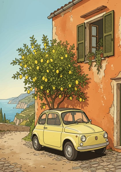 Poster of a yellow vintage car parked by a lemon tree on cobblestone