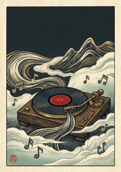 Japanese art style poster featuring a turntable and clouds in rich colors