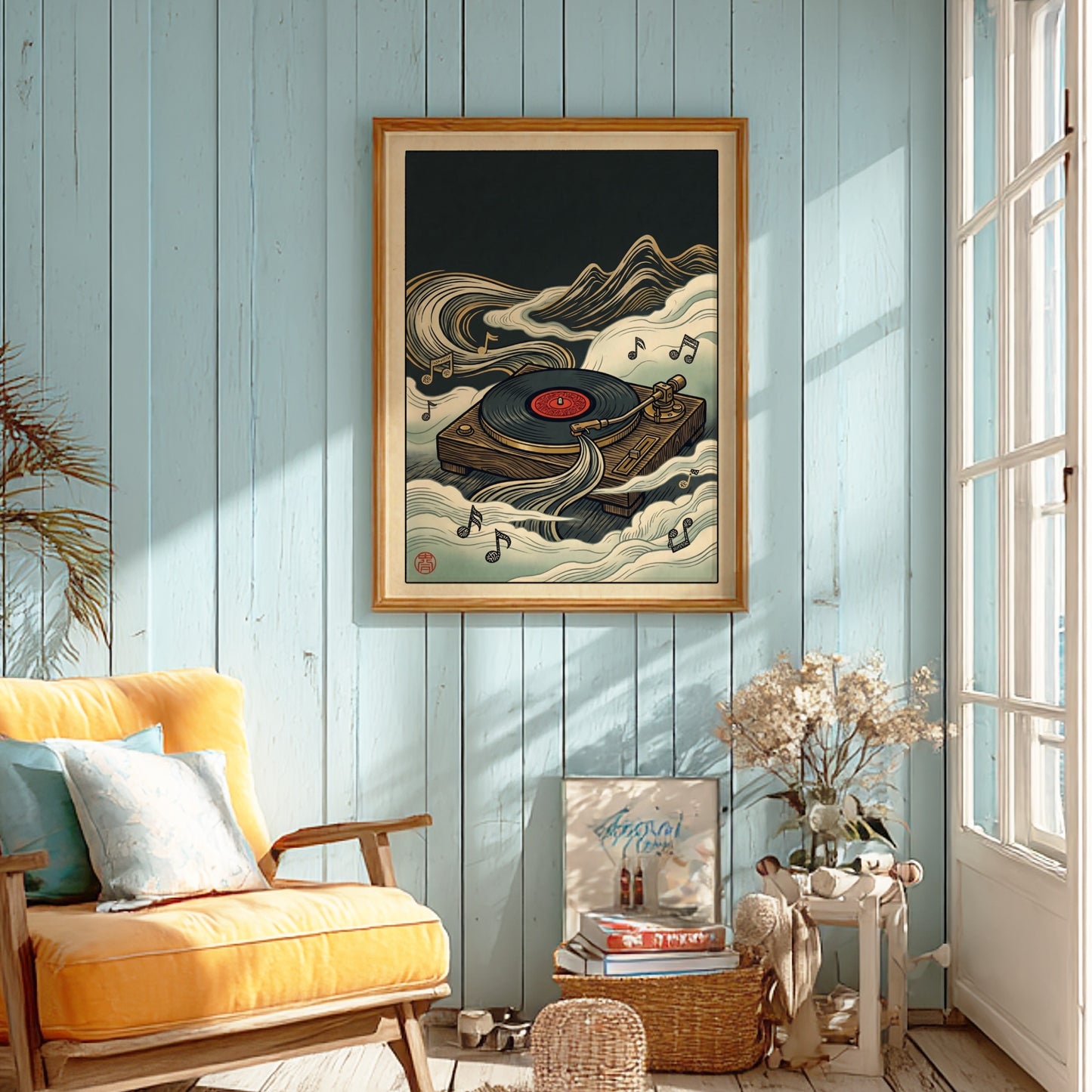 Japanese art style poster featuring a turntable and clouds in rich colors