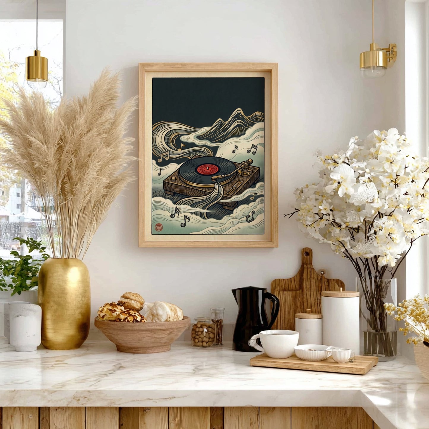 Japanese art style poster featuring a turntable and clouds in rich colors