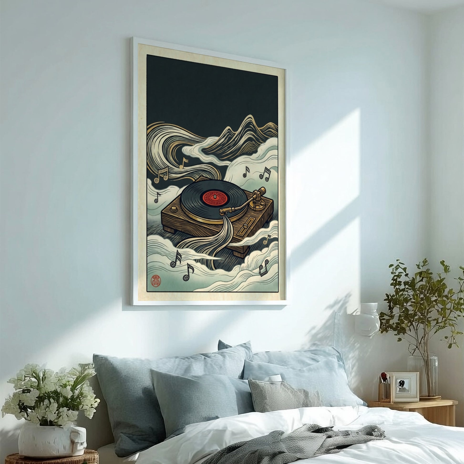Japanese art style poster featuring a turntable and clouds in rich colors