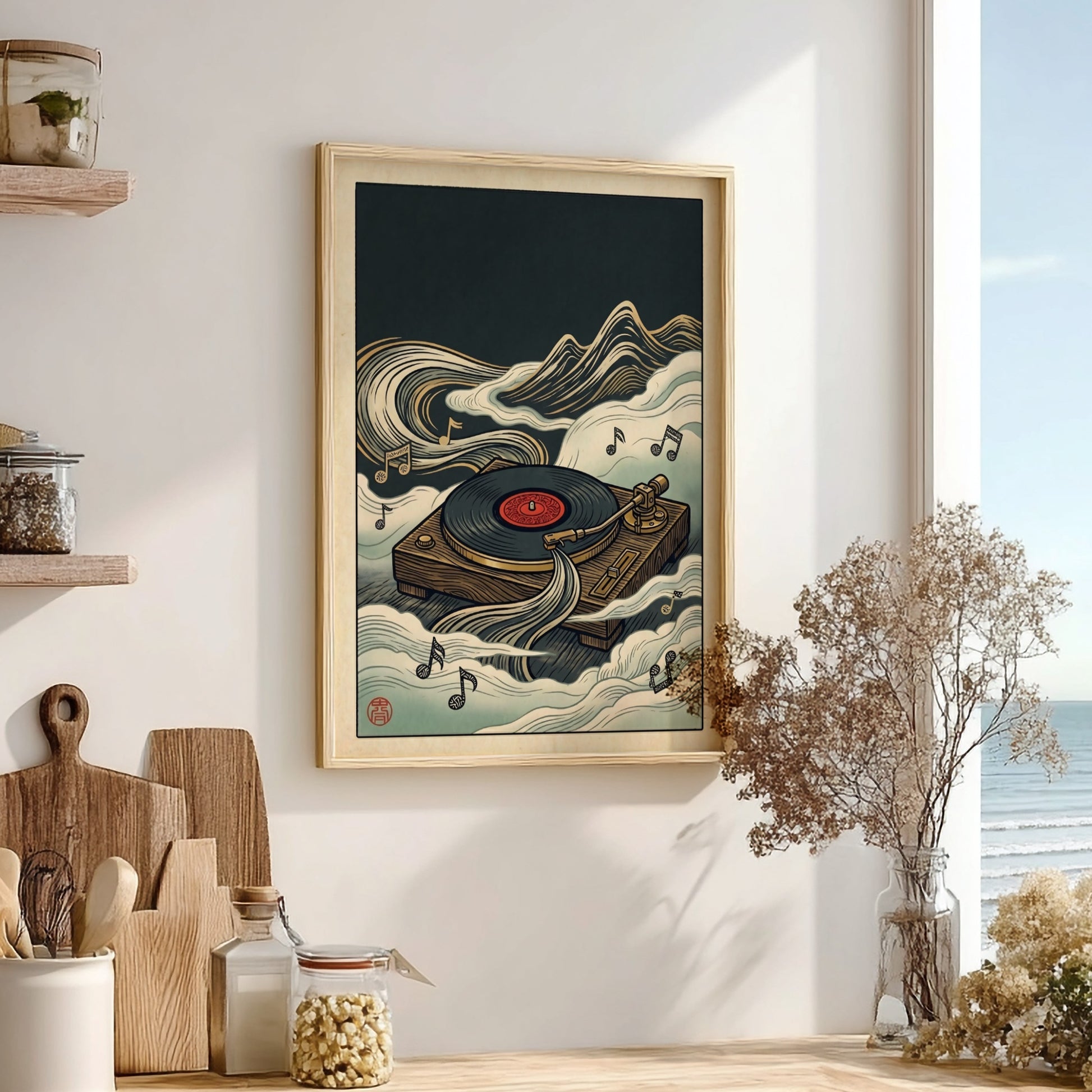 Japanese art style poster featuring a turntable and clouds in rich colors
