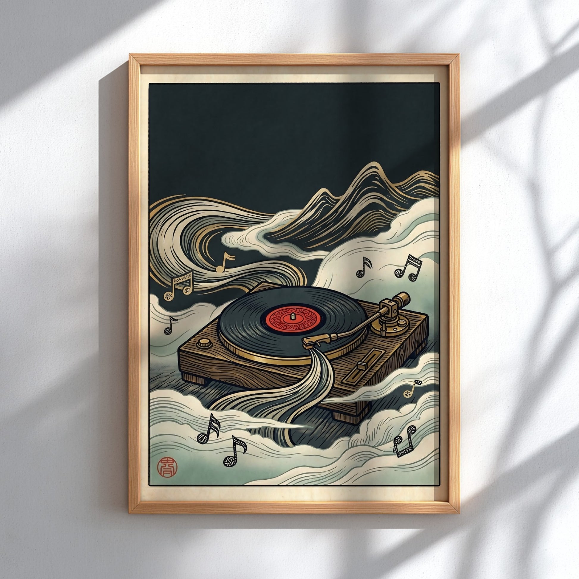 Japanese art style poster featuring a turntable and clouds in rich colors